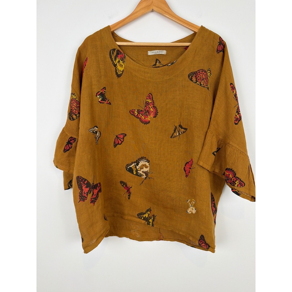 Viola Borghi Butterfly Print 100% Linen Blouse L Mustard Yellow Ruffle Sleeve